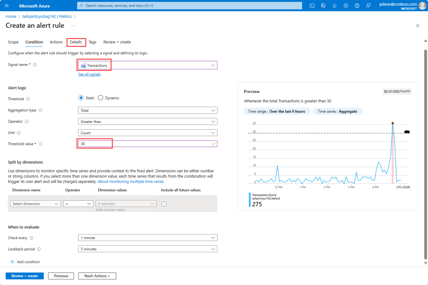 Screenshot that shows the Condition tab on the pane for creating an alert rule.