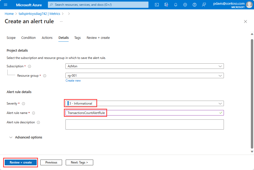 Screenshot that shows the Details tab on the pane for creating an alert rule.