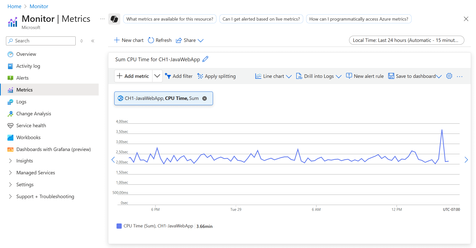 Screenshot that shows the metrics explorer in Azure Monitor.