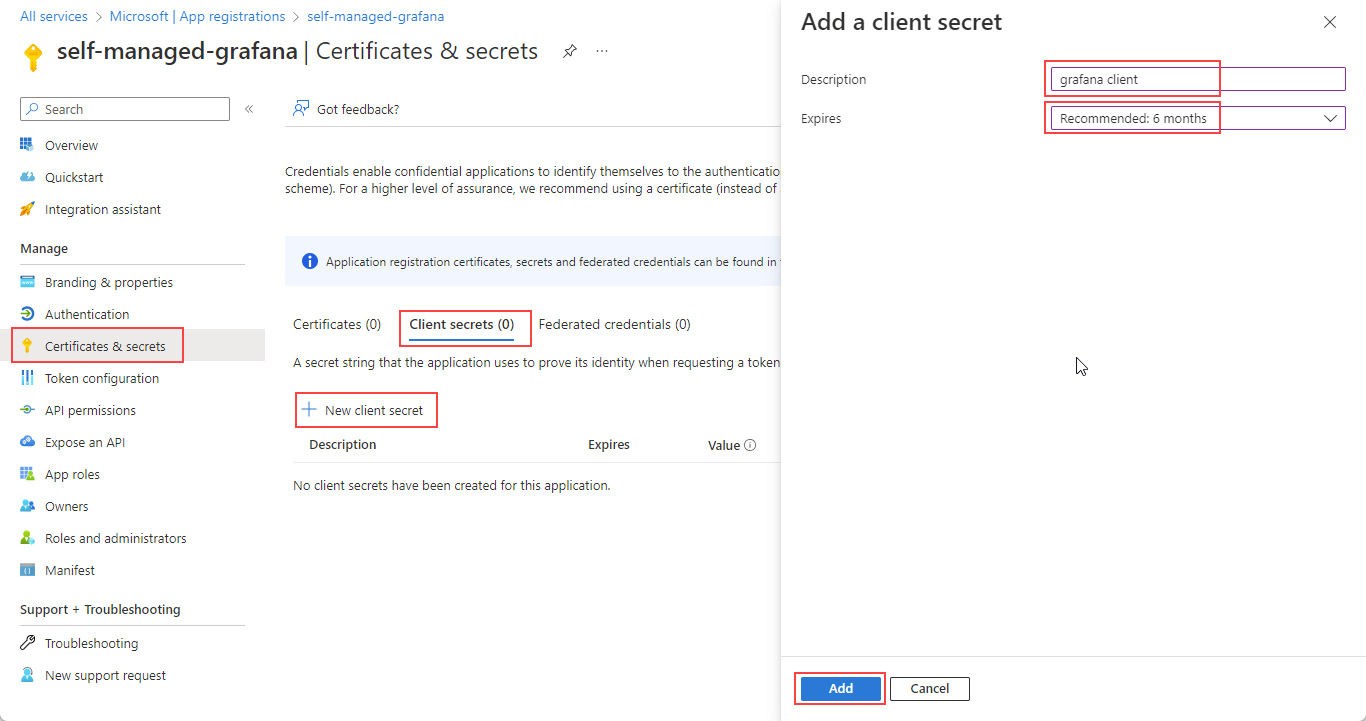 Screenshot that shows the Add client secret page.