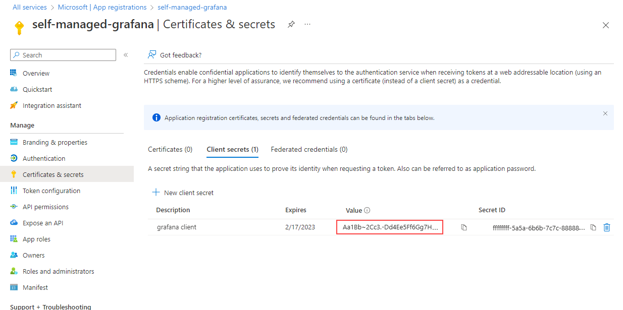 Screenshot that shows the Client secret page with the generated secret value.