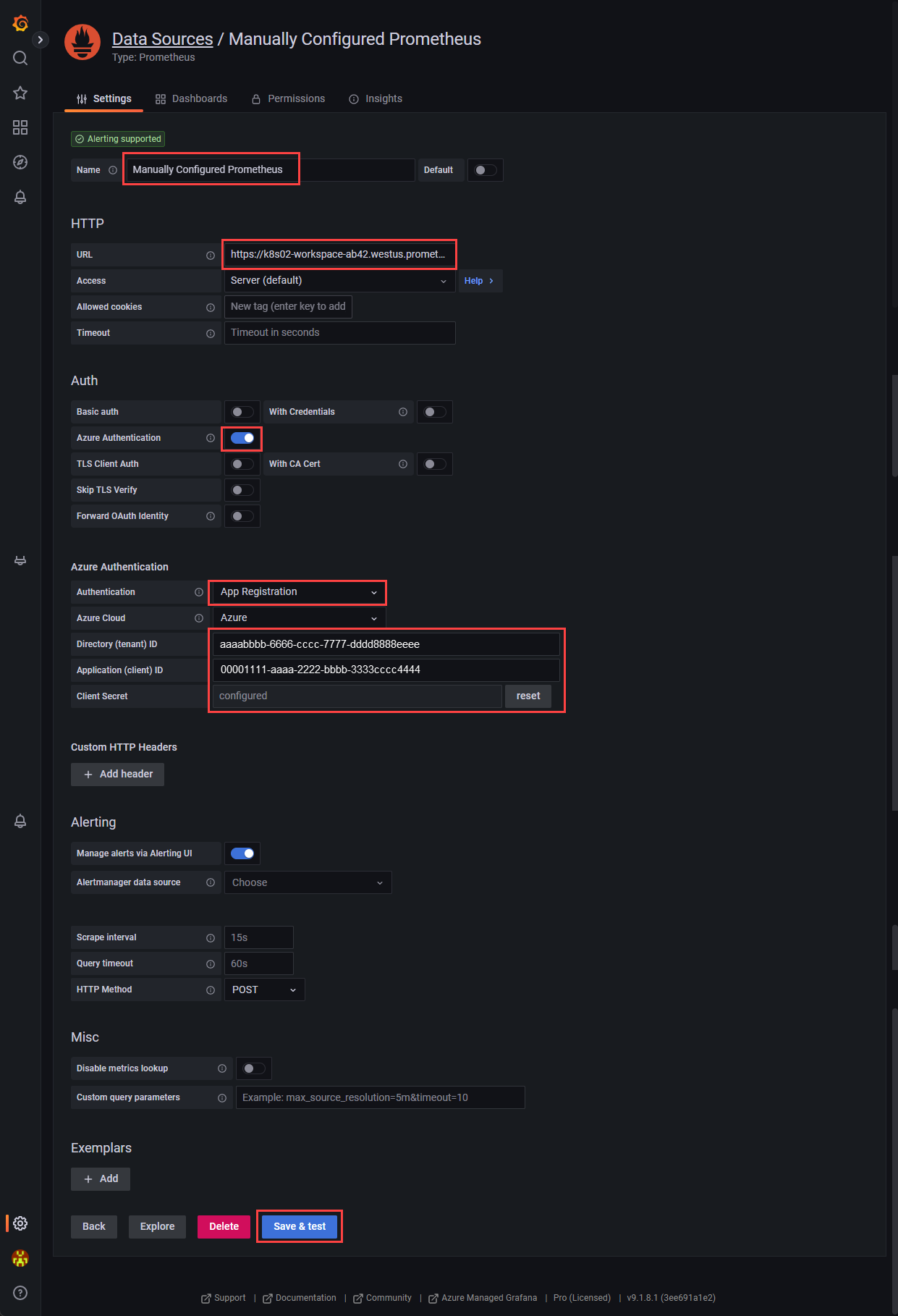 Screenshot that shows the Grafana settings page for adding a data source.