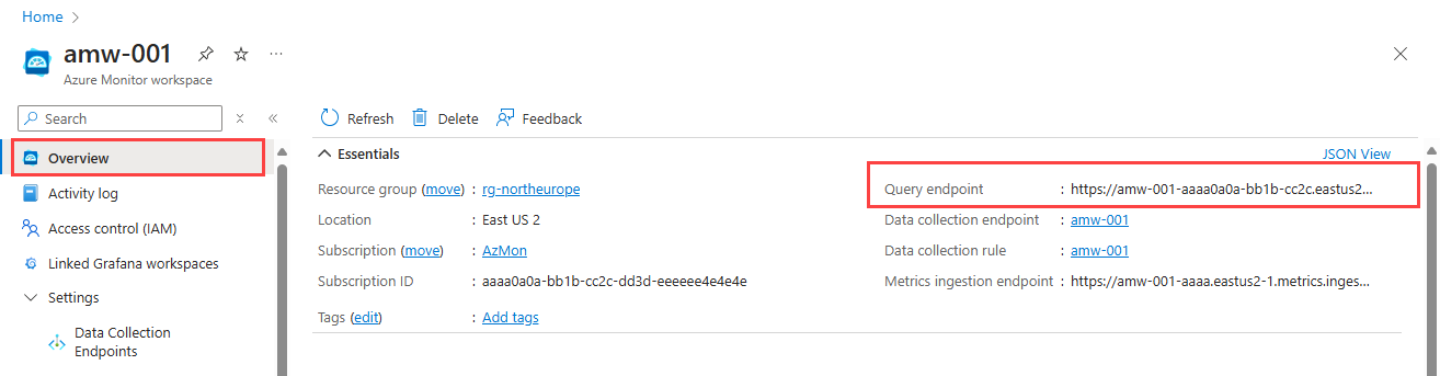 Screenshot that shows the query endpoint URL for an Azure Monitor workspace.