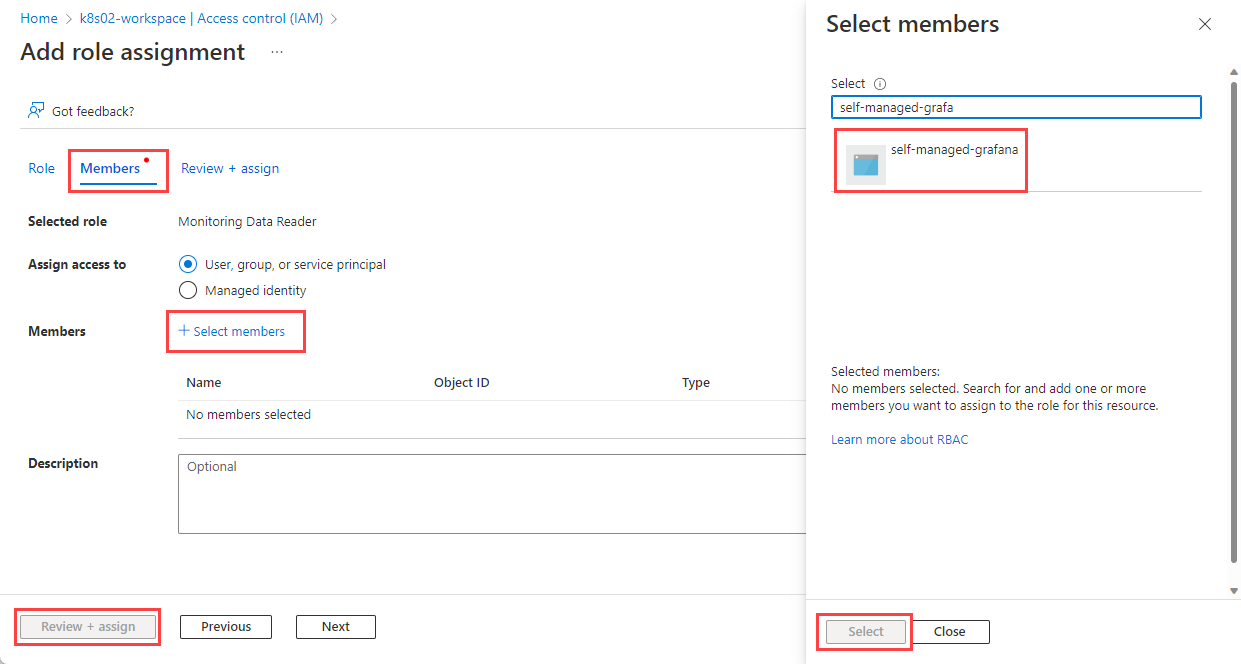Screenshot that shows the Add role assignment page with Select members highlighted.
