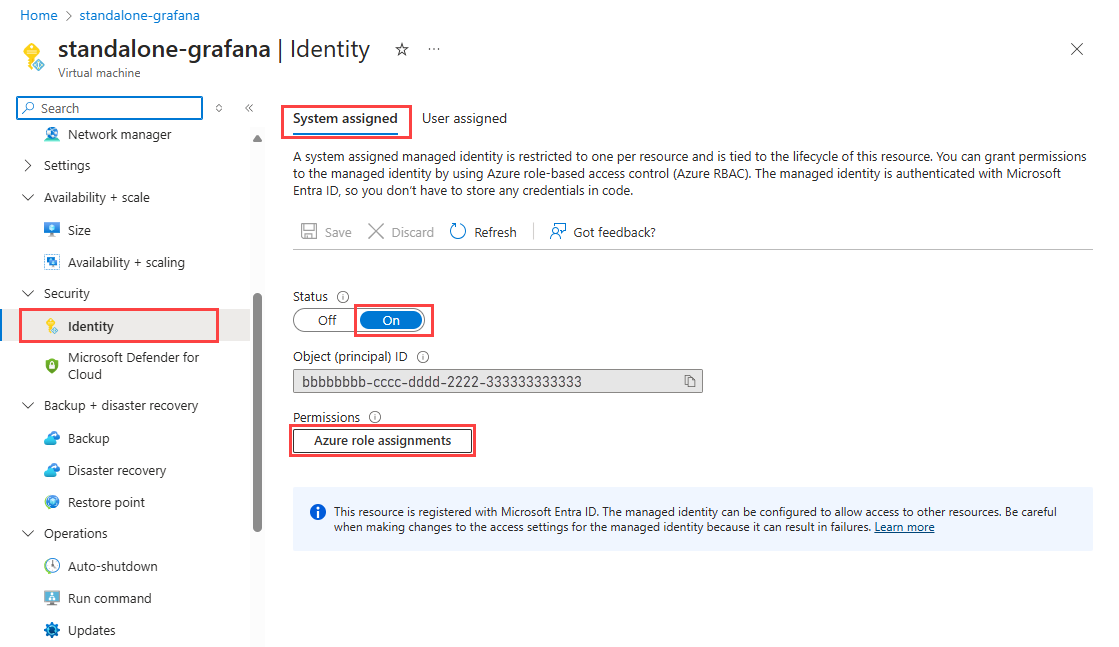 Screenshot that shows the identity page for a VM.