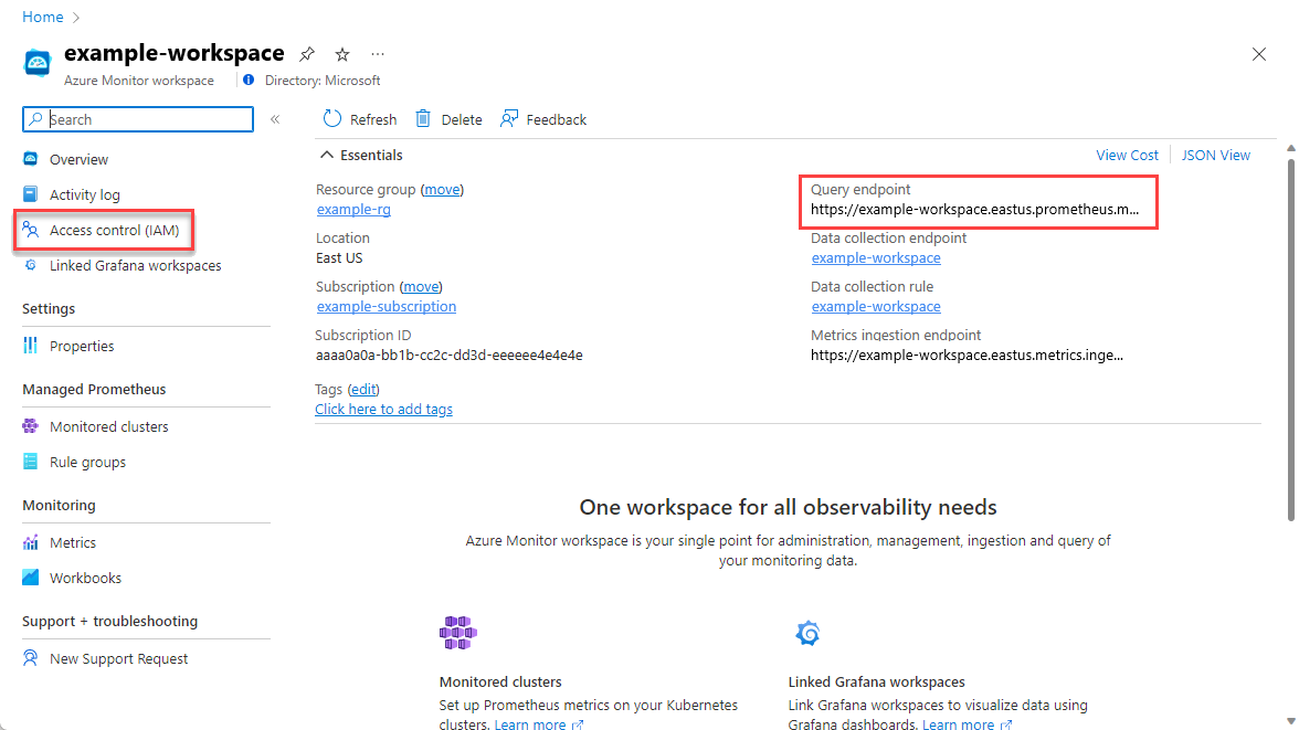Screenshot that shows the Azure Monitor workspace overview page.