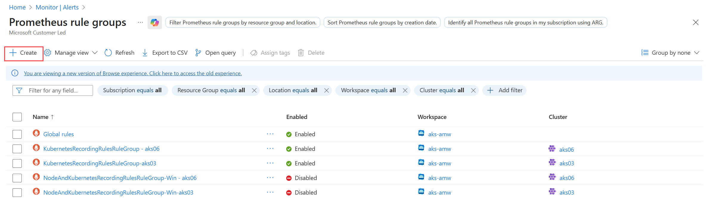 Screenshot that shows option to create a new Prometheus rule group.
