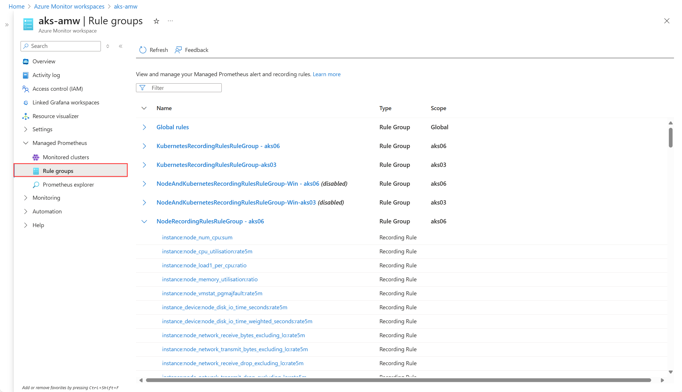 Screenshot of Prometheus rule groups from Azure Monitor workspace.