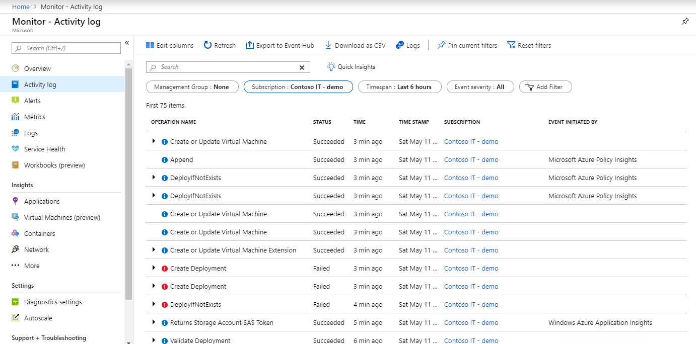 Screenshot that shows the activity log.