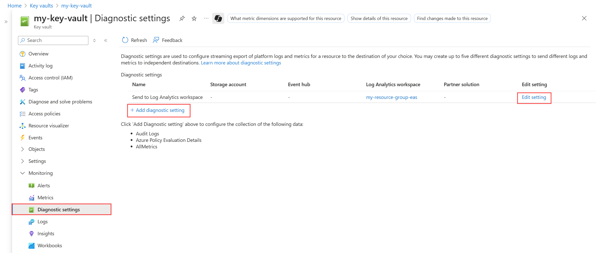 Screenshot that shows adding a diagnostic setting for existing settings.