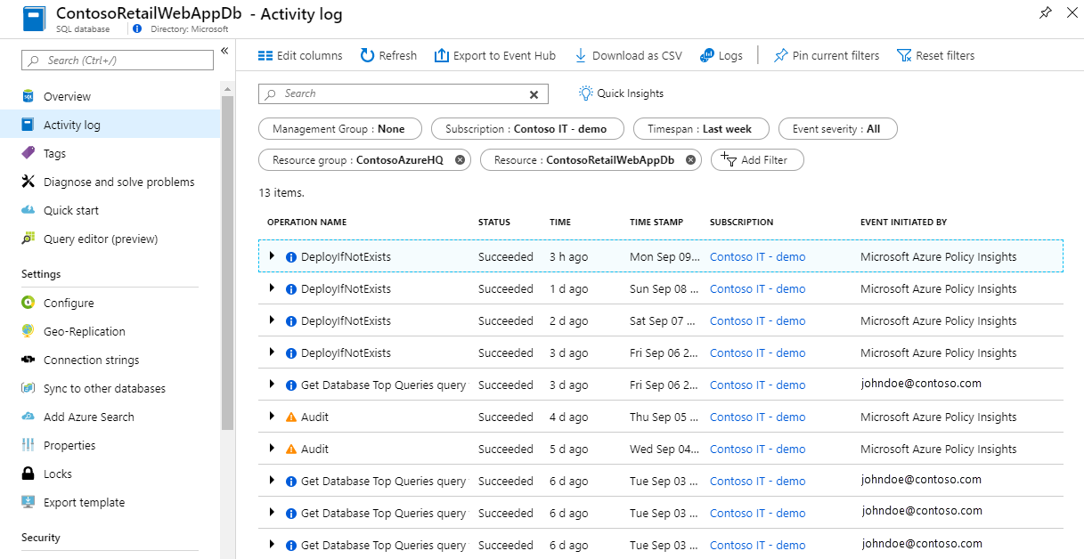 Screenshot that shows an activity log.