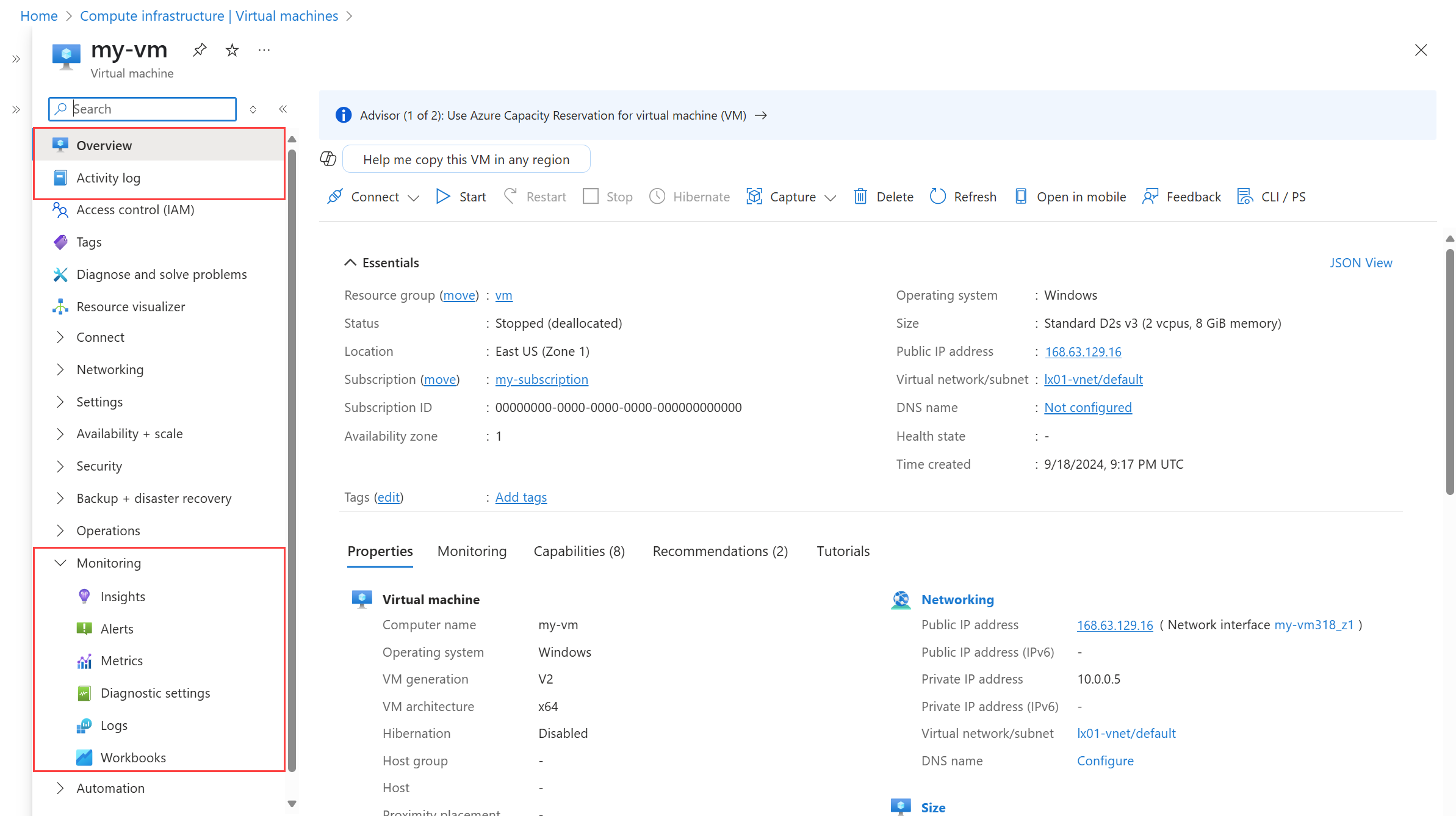 Screenshot that shows the Overview and Activity log menu items.