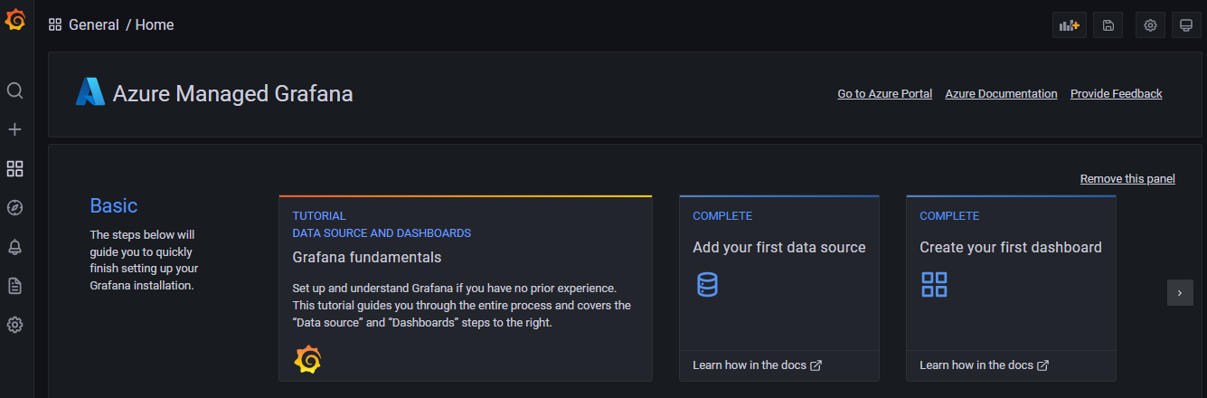 Screenshot that shows the Azure Managed Grafana home page.