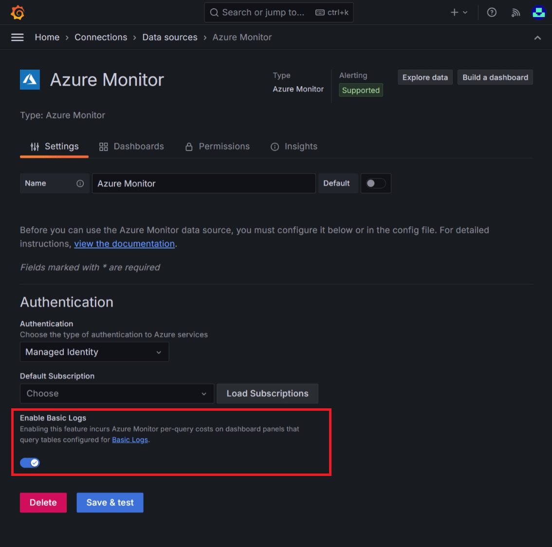 Screenshot showing the toggle to turn on Basic Logs.