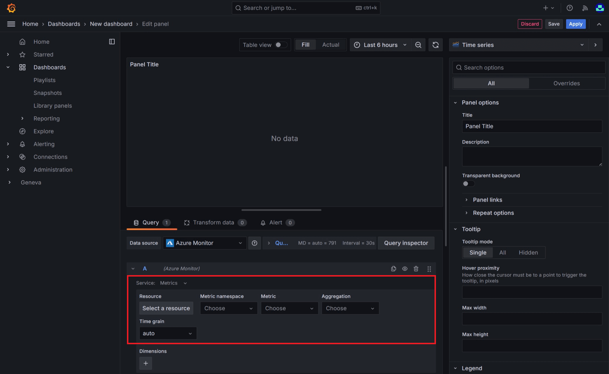 Screenshot that shows Grafana panel config for Azure Monitor metrics.