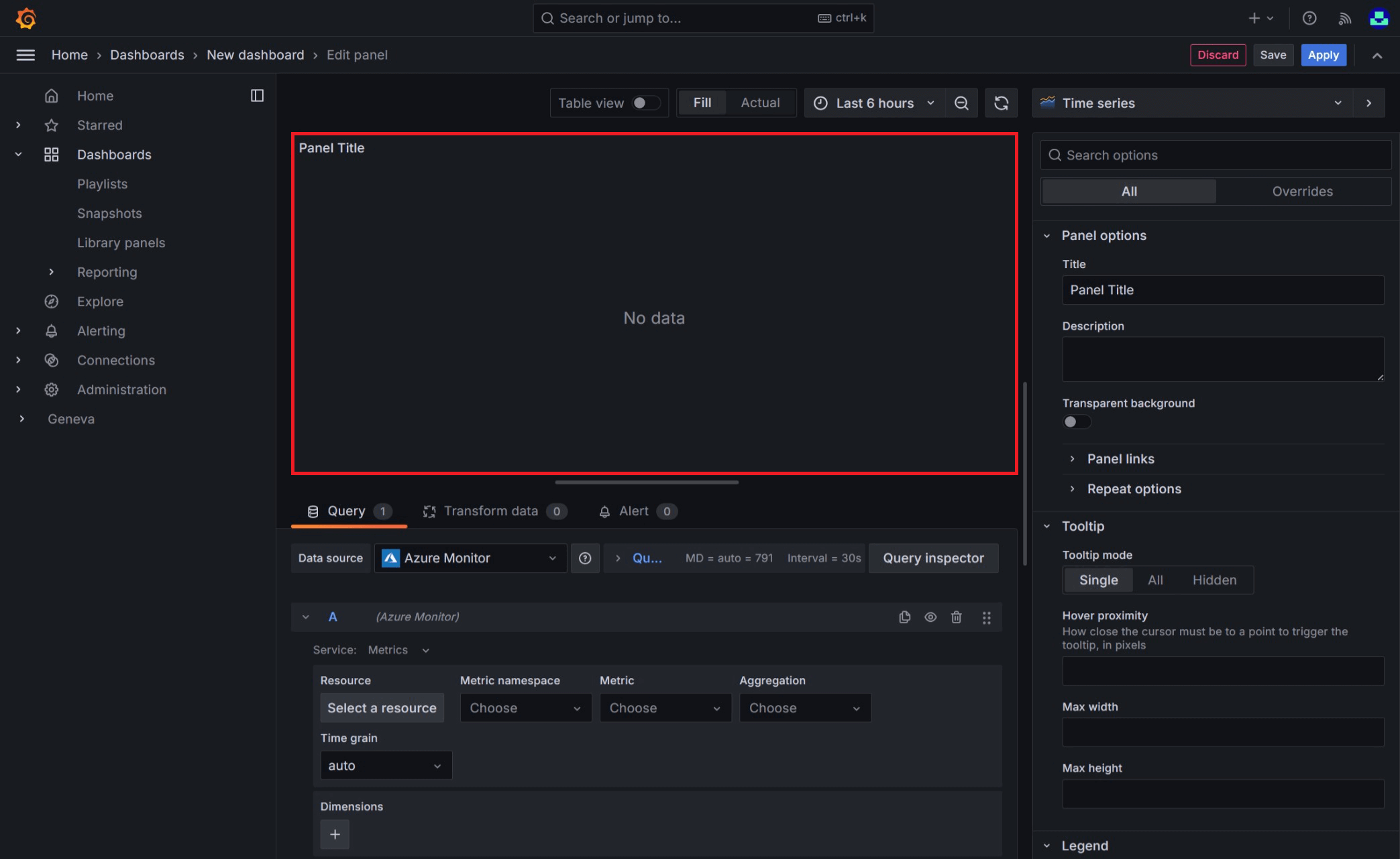 Screenshot that shows Grafana new panel dropdown list options.