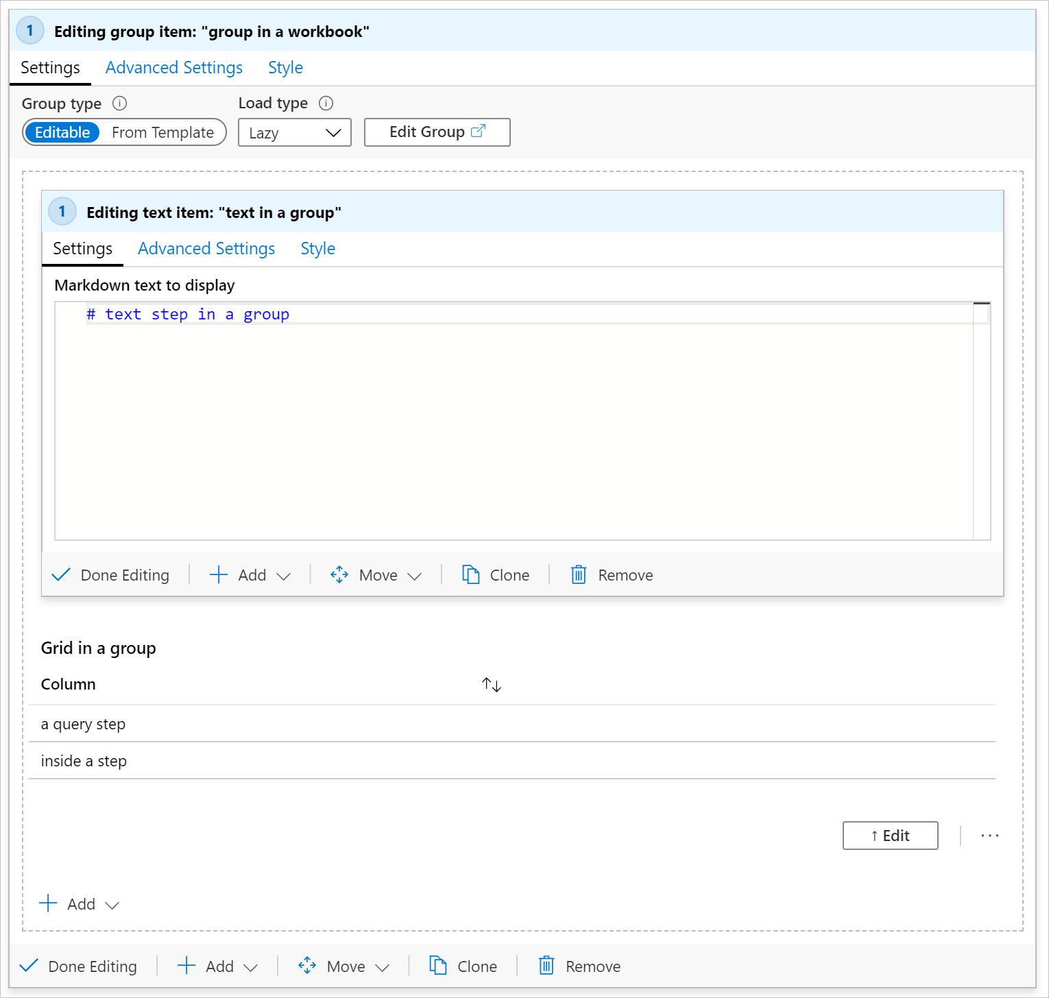 Screenshot of a group in edit mode in a workbook.