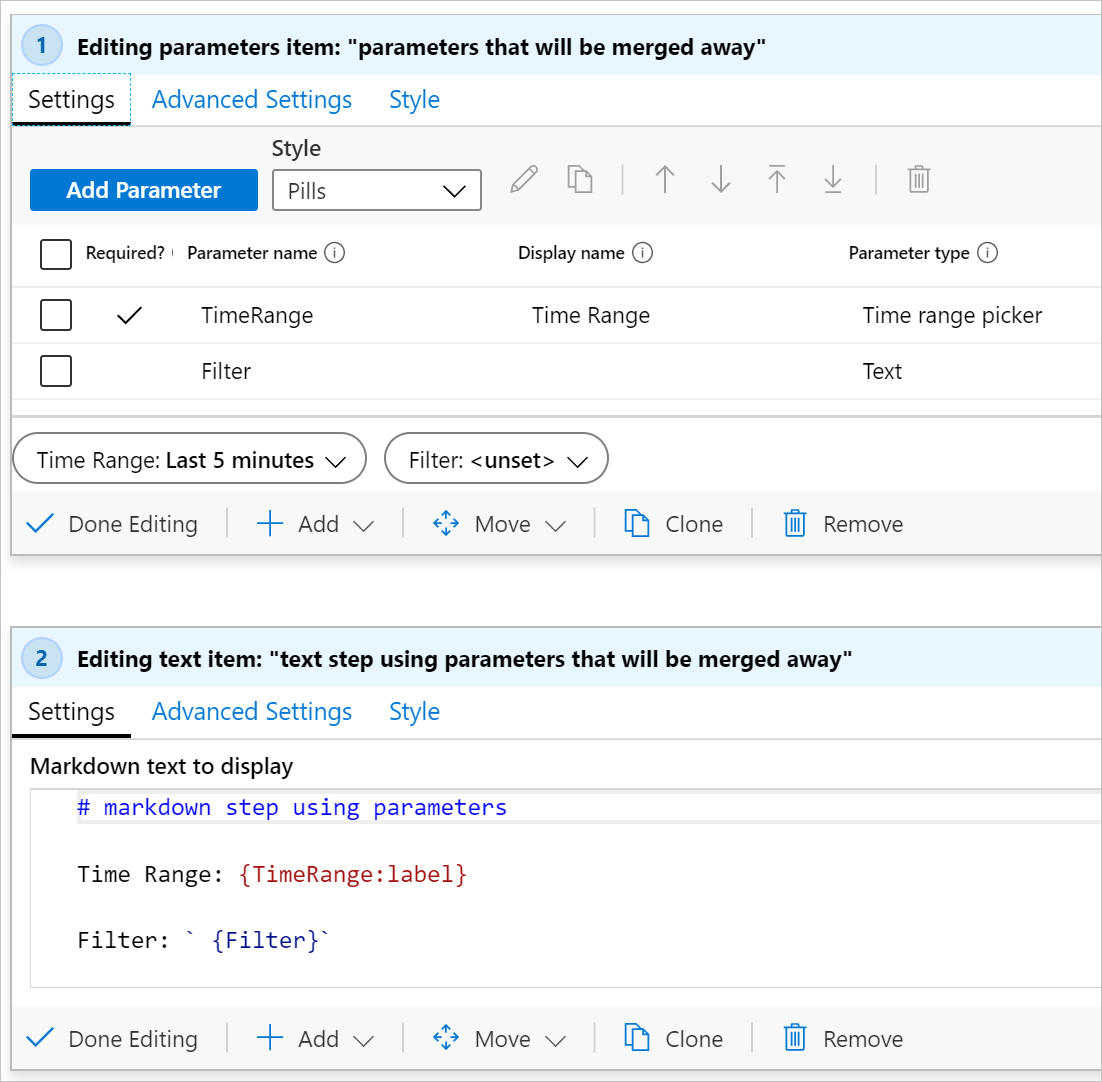 Screenshot of a workbook template with top level parameters.