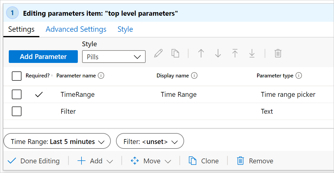 Screenshot showing top level parameters in a workbook.