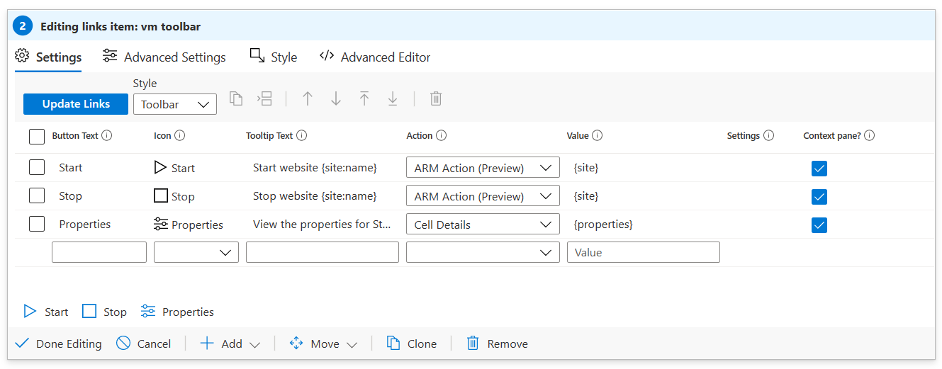 Screenshot of creating links styled as a toolbar in workbooks.