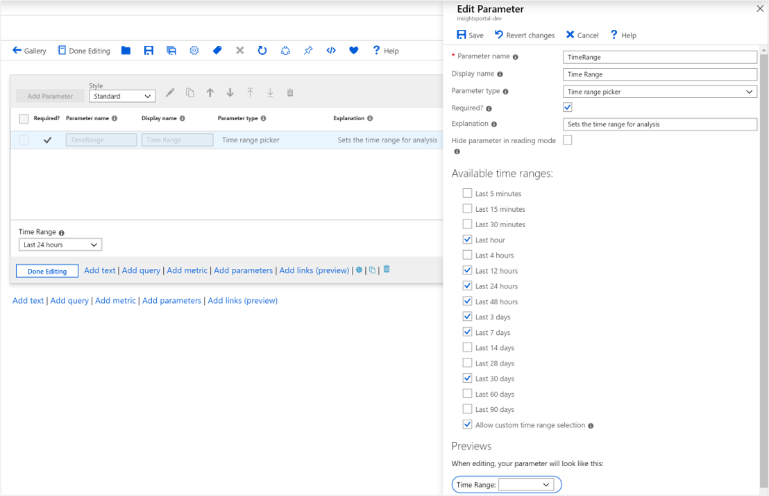 Screenshot showing the creation of a time range parameter.