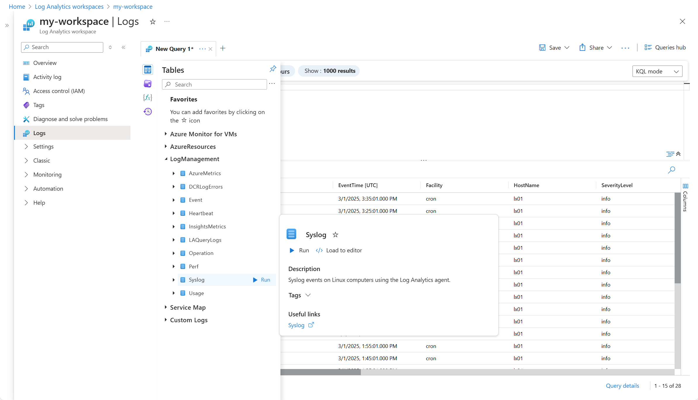 Screenshot that shows records returned from Syslog table.