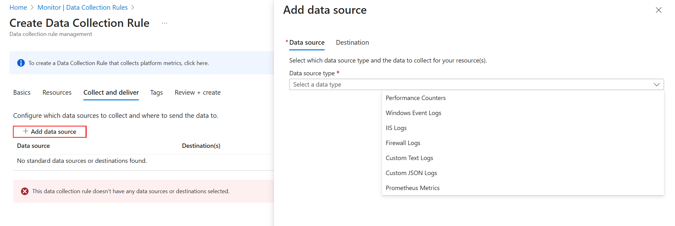 Screenshot that shows the Add data sources tab for a new data collection rule.