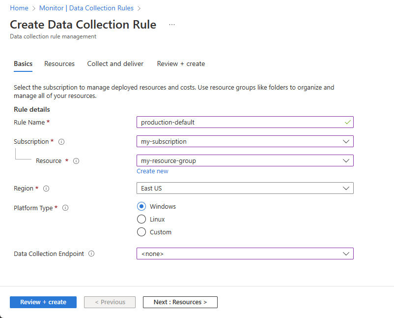 Screenshot that shows the Basics tab for a new data collection rule.