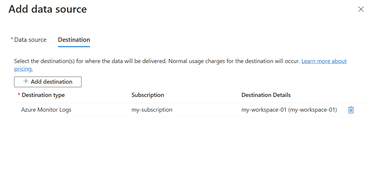 Screenshot that shows configuration of an Azure Monitor Logs destination in a data collection rule.