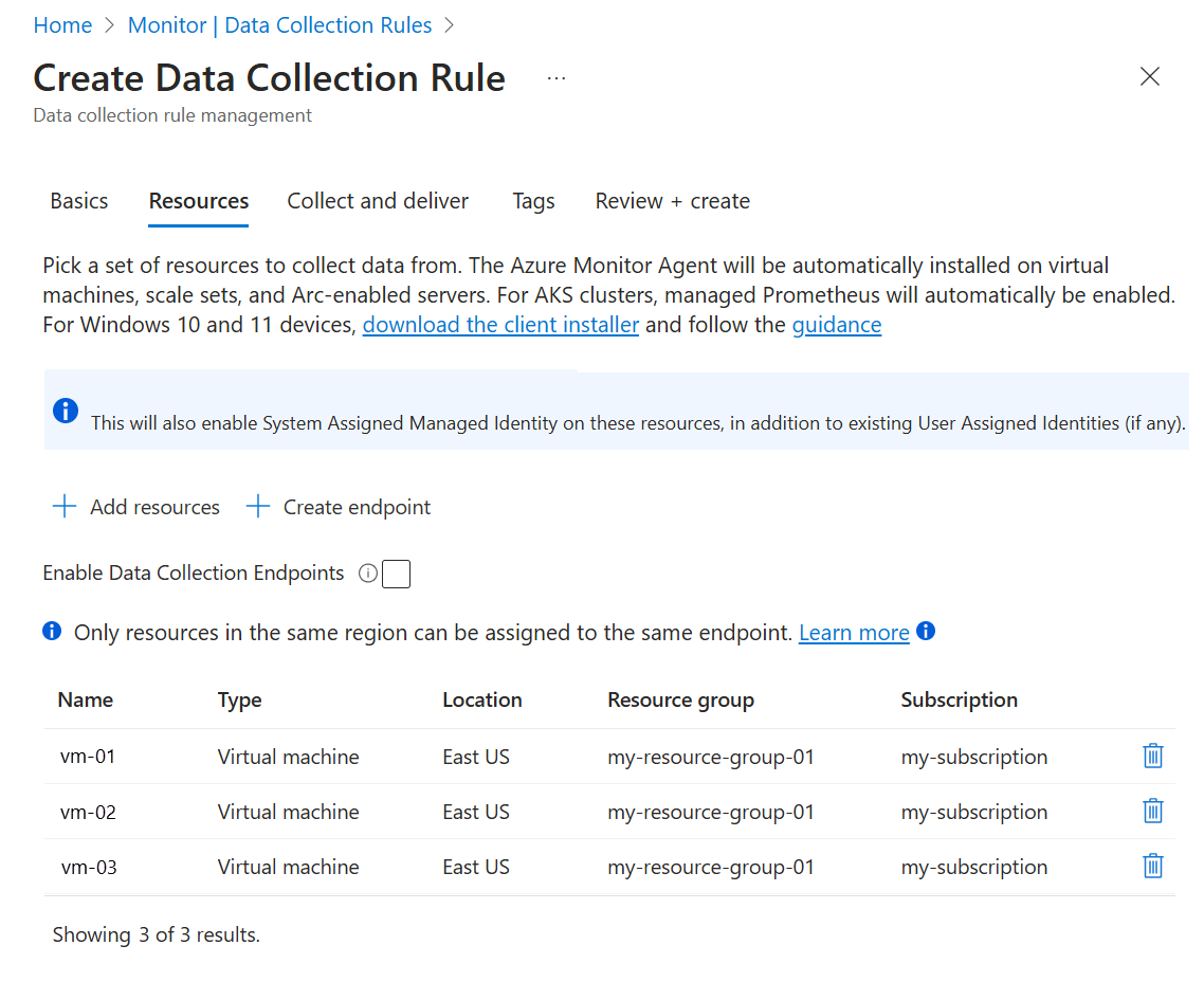 Screenshot that shows the Resources tab for a new data collection rule.
