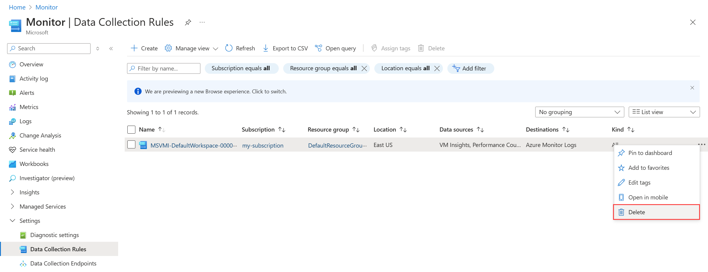 Screenshot that shows dialog box to disable VM insights for a VM.