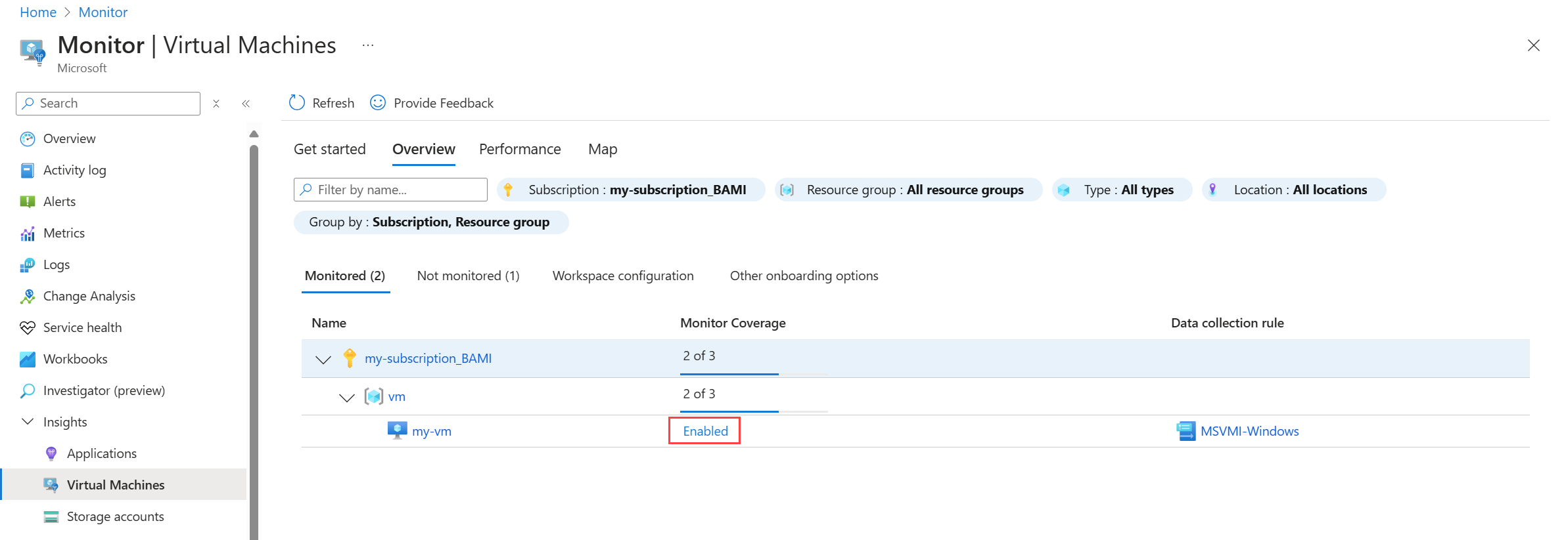 Screenshot that shows the list of VMs monitored by VM insights with the enable option.
