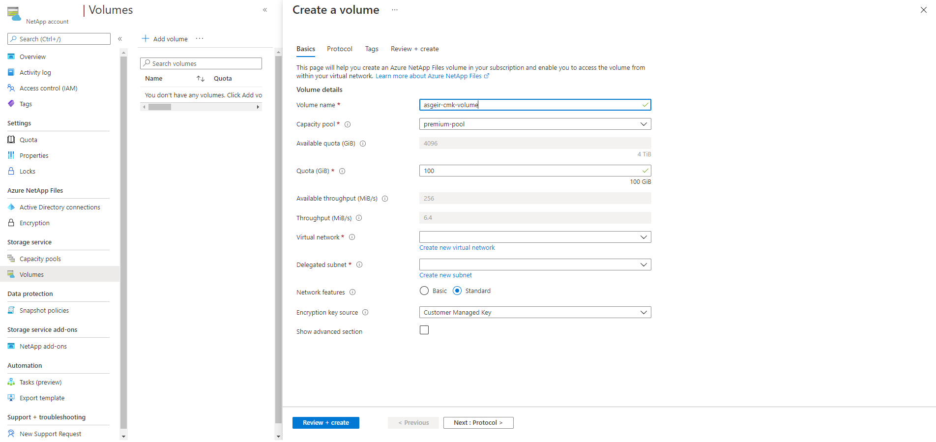 Screenshot of create volume menu.