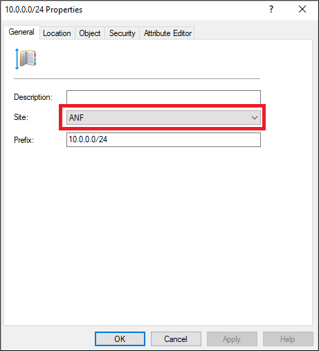 Screenshot of the subnet properties window with a red box surrounding the site field that reads 'ANF' with its associated network prefix.