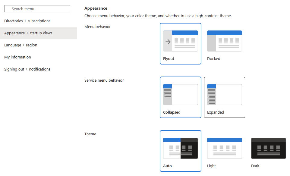 Screenshot showing the Appearance section of Appearance + startup views.