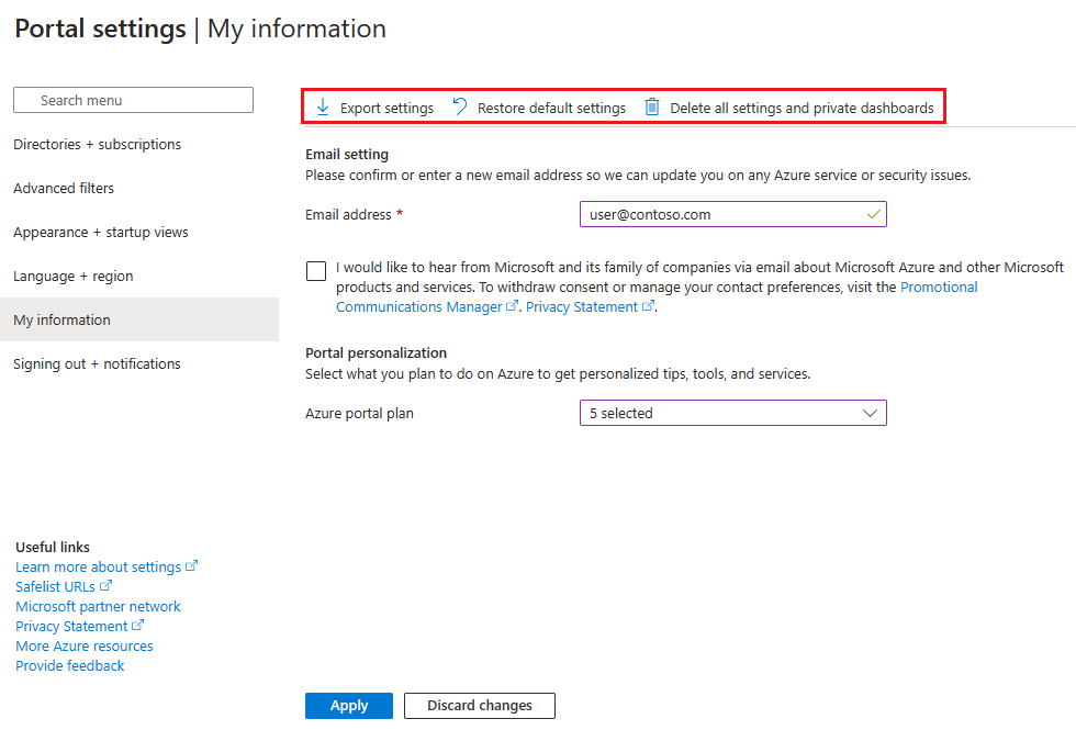 Screenshot of My information settings.