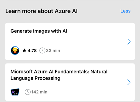 Screenshot of the Learn Links and Learn more about Azure AI sections in the Azure mobile app.