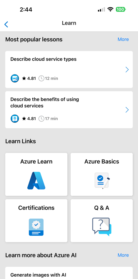 Screenshot of the Azure mobile app showing the most popular lessons from Microsoft Learn.