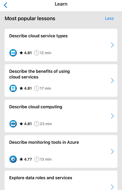 Screenshot showing the top 10 most popular lessons in the Azure mobile app.