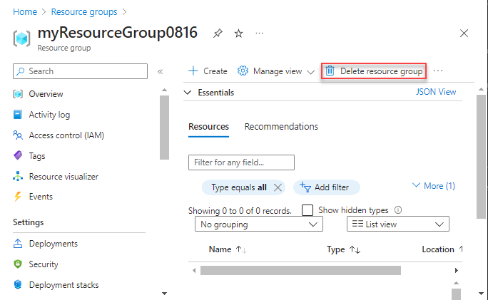 Screenshot of the Azure portal with the 'Delete resource group' button highlighted in a specific resource group.