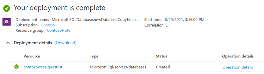 Screenshot that shows the secondary database status after deployment.