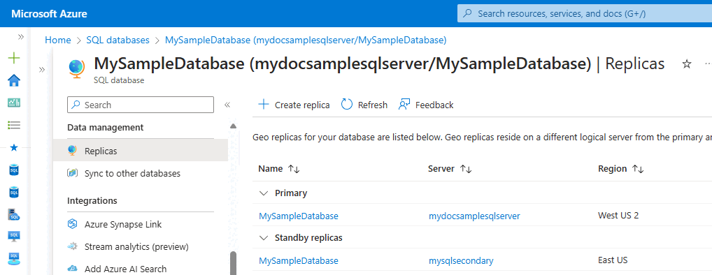 Screenshot of the Azure portal showing a SQL DB geo-replication relationship.
