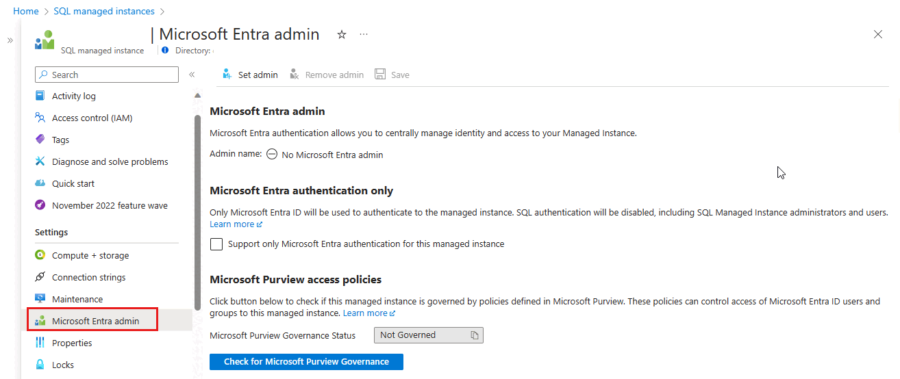 Screenshot of the Azure portal showing the Microsoft Entra admin page open for the selected SQL managed instance.