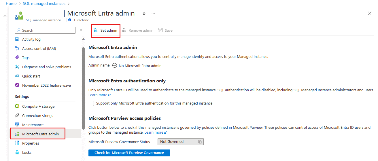 Screenshot showing the Set admin command highlighted on the Microsoft Entra admin page for the selected SQL managed instance.