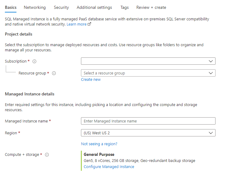 Azure portal screenshot of the create SQL Managed Instance basic tab.