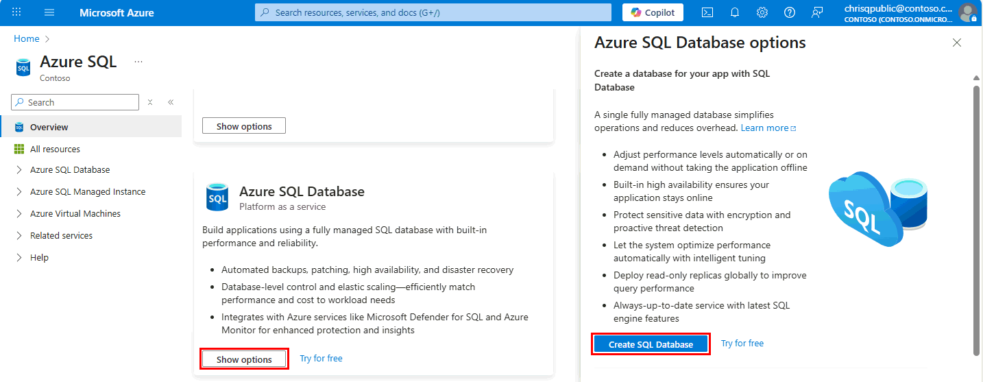 Screenshot from the Azure portal showing the Azure SQL hub, the Show options button, and the Create SQL Database button.