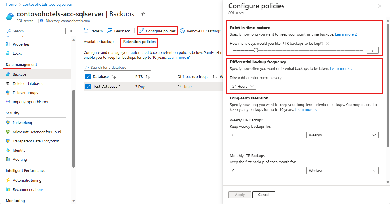 Screenshot of the Azure portal, where you can change the PITR retention settings at the server level.