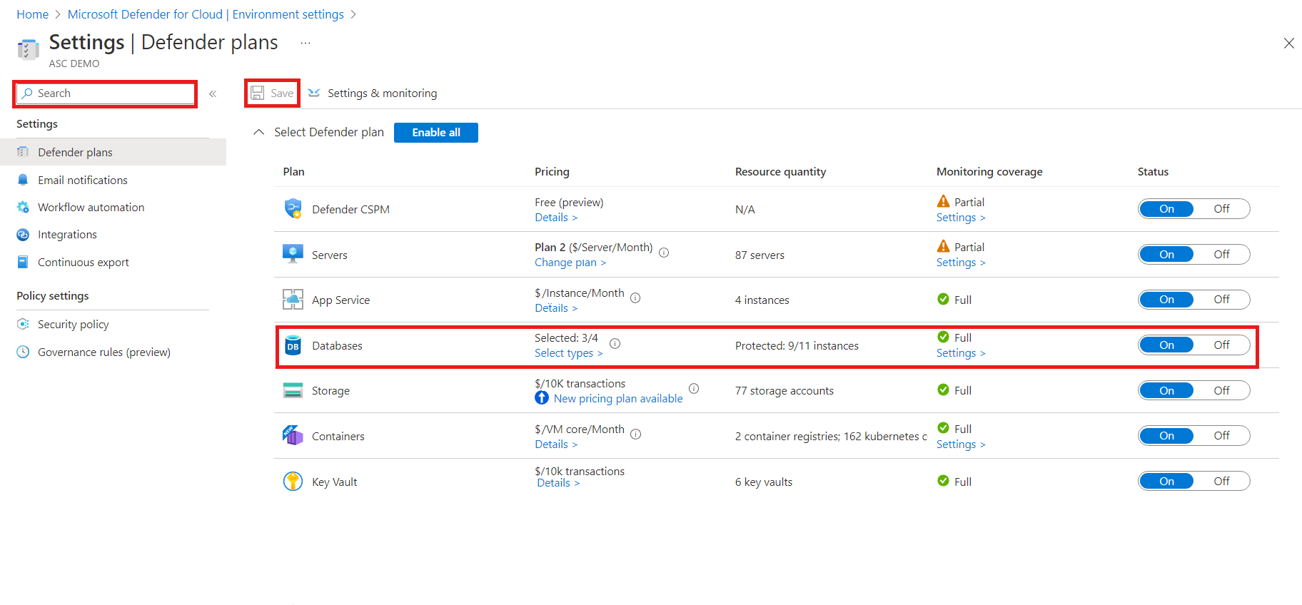 Screenshot showing enabling Microsoft Defender for Azure SQL Database at the subscription level.