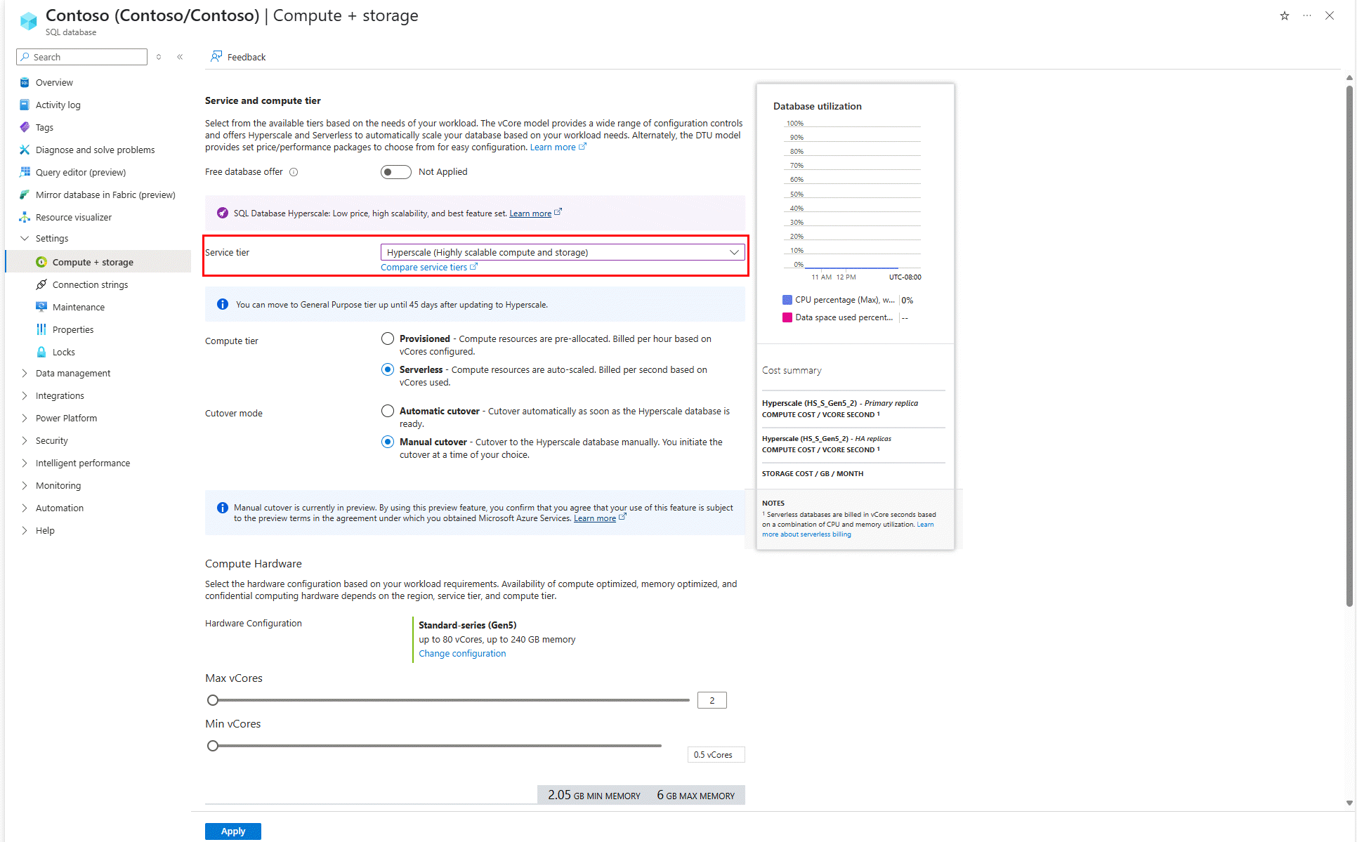 Screenshot of the compute + storage panel of a database in Azure SQL Database. The service tier dropdown is expanded, displaying the option for the Hyperscale service tier.