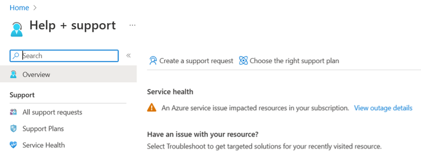 Screenshot of the Help+Support page showing a notification of an active service health issue.